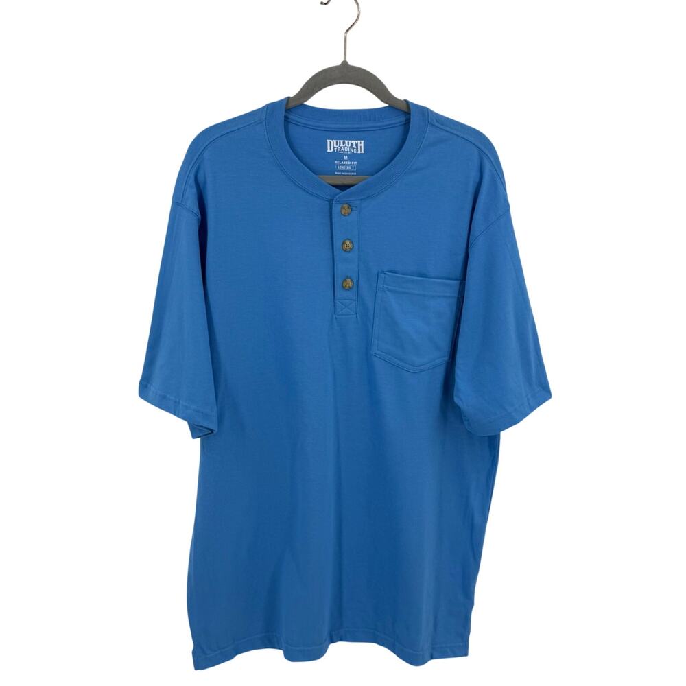 Duluth Trading Co Mens Longtail Pocket T Shirt Henley Medium Relaxed Fit Blue